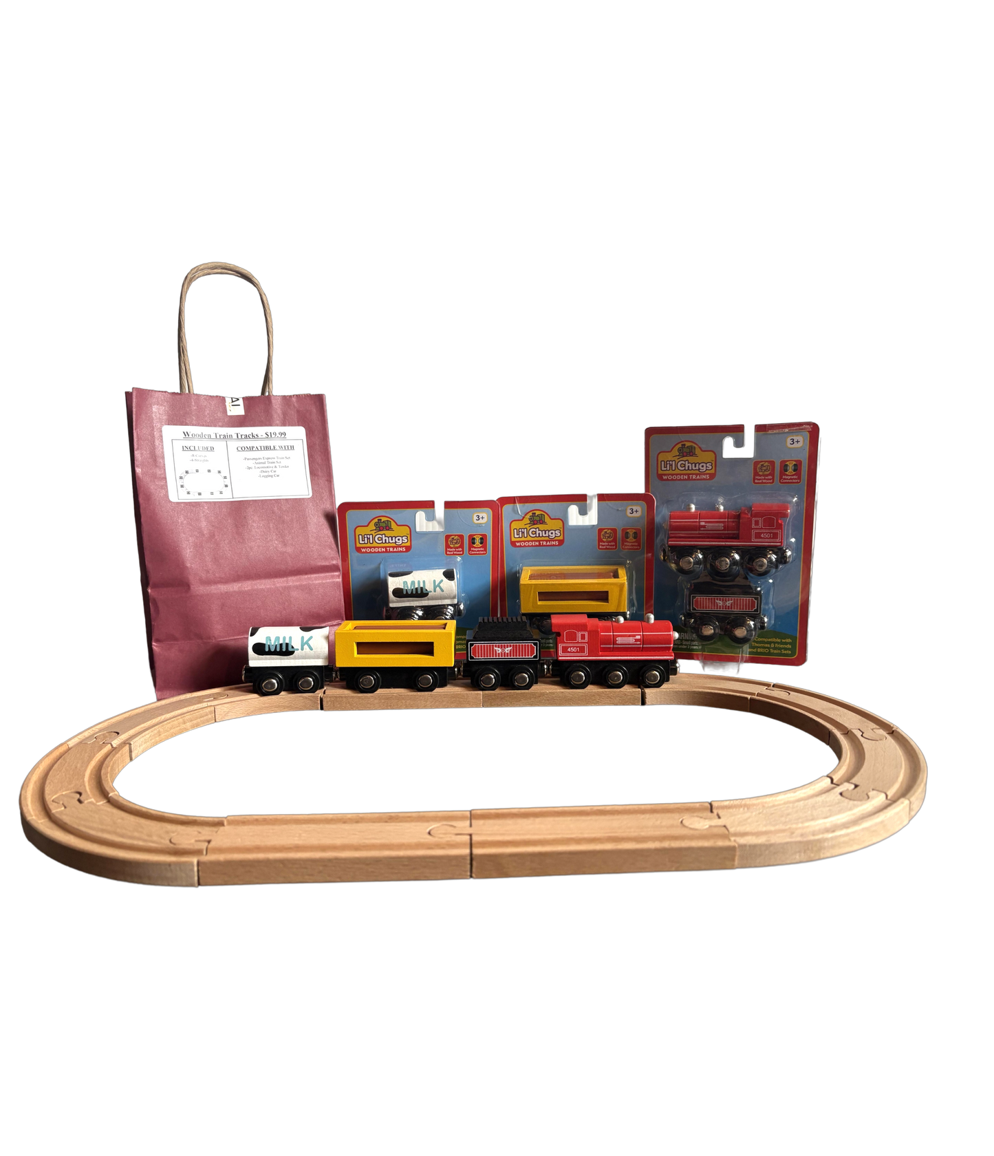 Wooden Track Set / 2pc. Locomotive & Coal Tender / Dairy Car / Logging Car