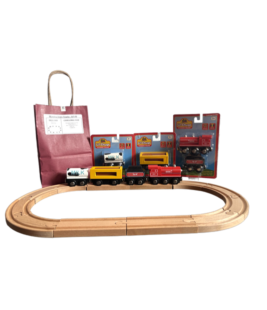 Wooden Track Set / 2pc. Locomotive & Coal Tender / Dairy Car / Logging Car